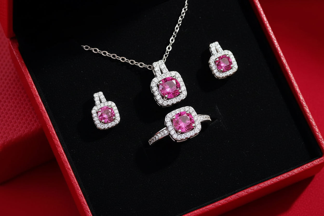 Fashion Jewelry Set Zircon Gem Pendant Chain Choker Necklace For Women Gold Color Stud Earring Statement Wedding Ring