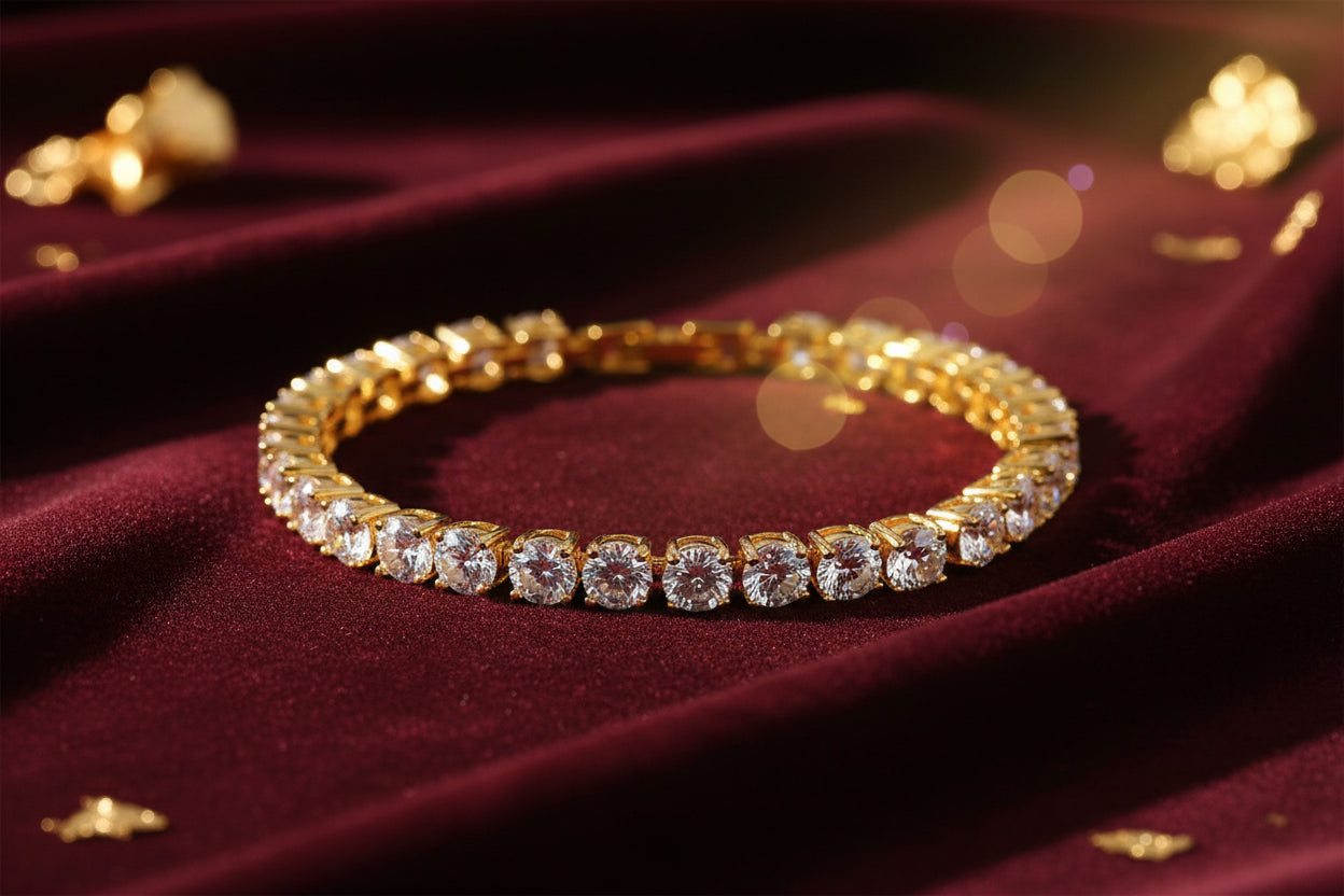 “Buy Iced Out Hip Hop Bracelet: Single Row Rhinestone Tennis Charm & Zirconia Link Chain”