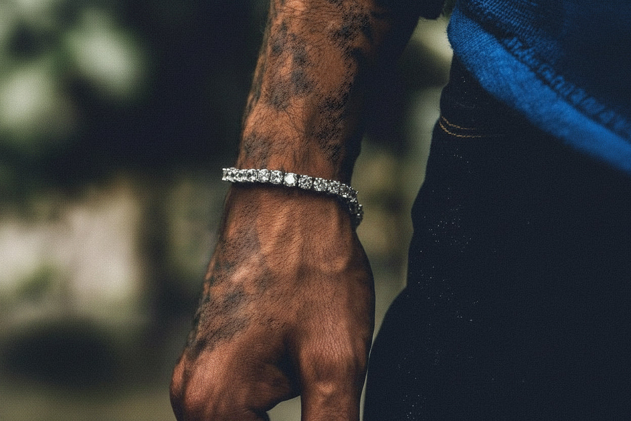 “Buy Iced Out Hip Hop Bracelet: Single Row Rhinestone Tennis Charm & Zirconia Link Chain”