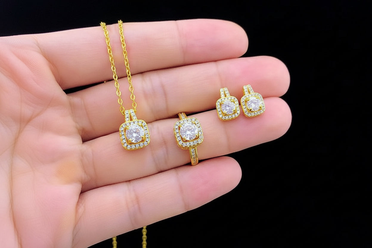 Fashion Jewelry Set Zircon Gem Pendant Chain Choker Necklace For Women Gold Color Stud Earring Statement Wedding Ring