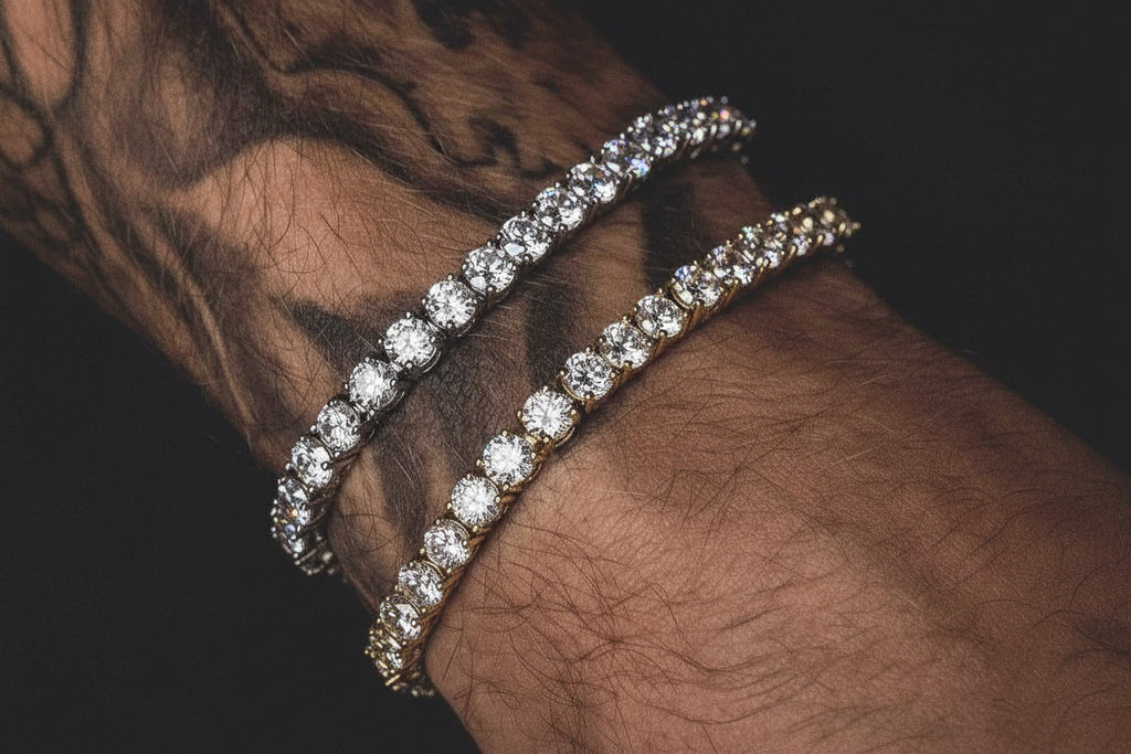 “Buy Iced Out Hip Hop Bracelet: Single Row Rhinestone Tennis Charm & Zirconia Link Chain”