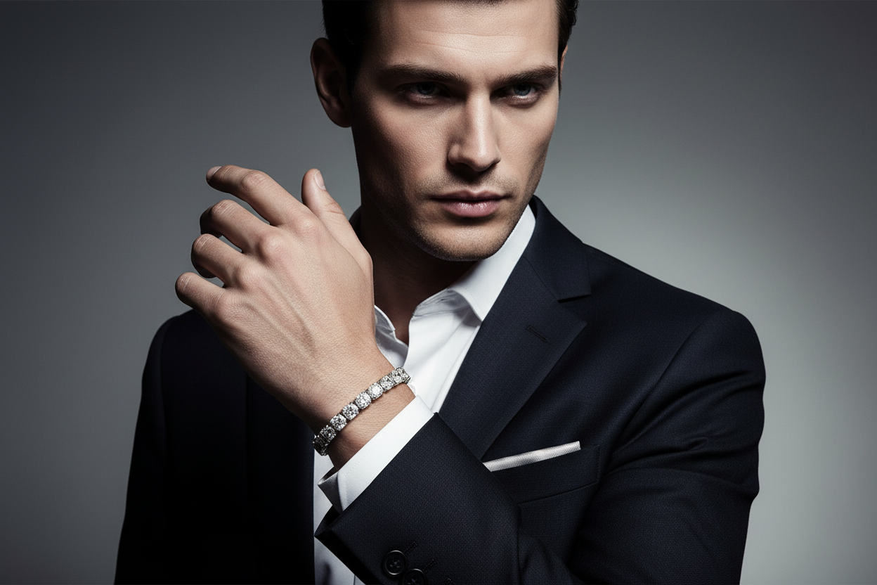 “Buy Iced Out Hip Hop Bracelet: Single Row Rhinestone Tennis Charm & Zirconia Link Chain”