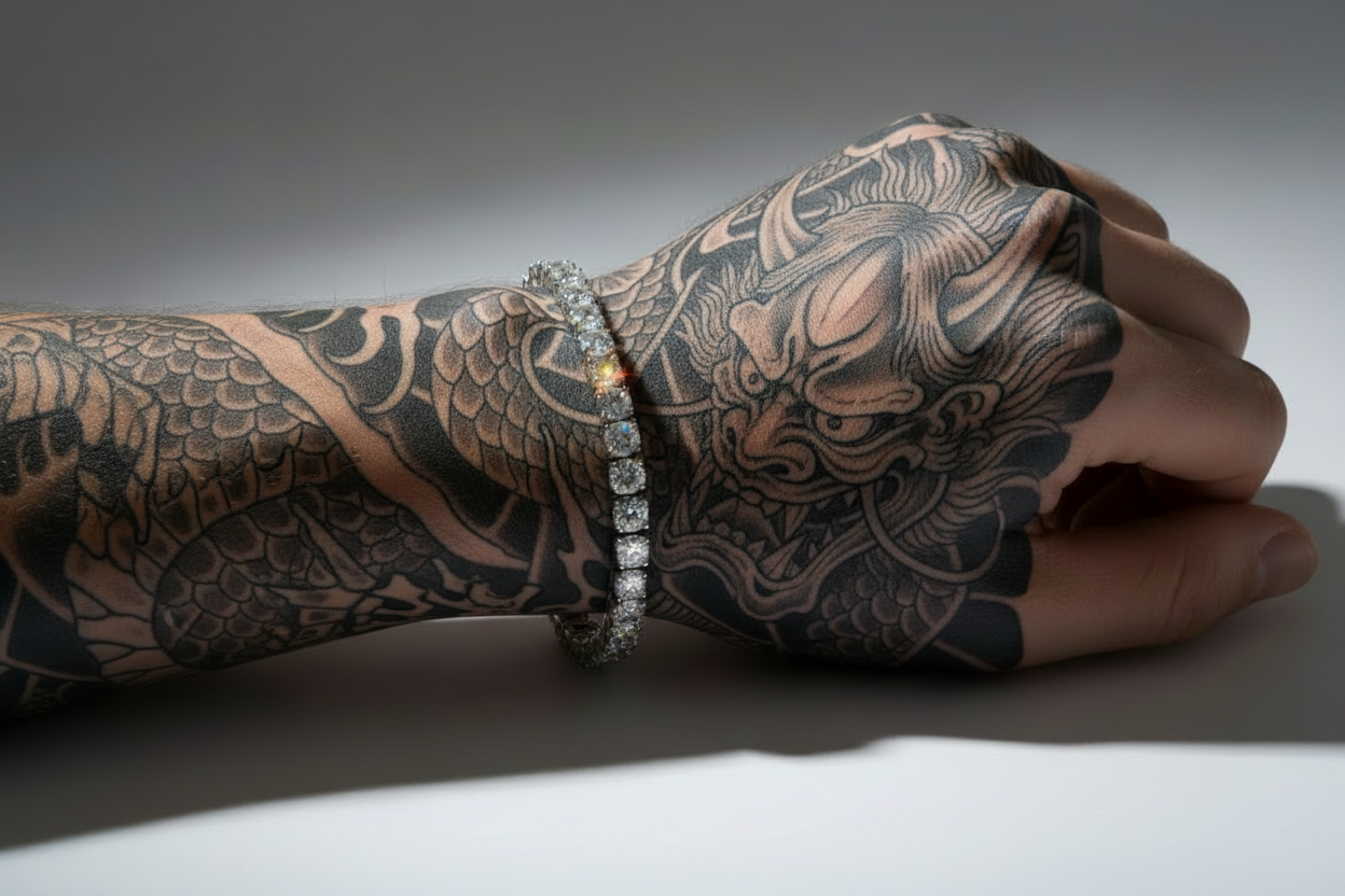 “Buy Iced Out Hip Hop Bracelet: Single Row Rhinestone Tennis Charm & Zirconia Link Chain”