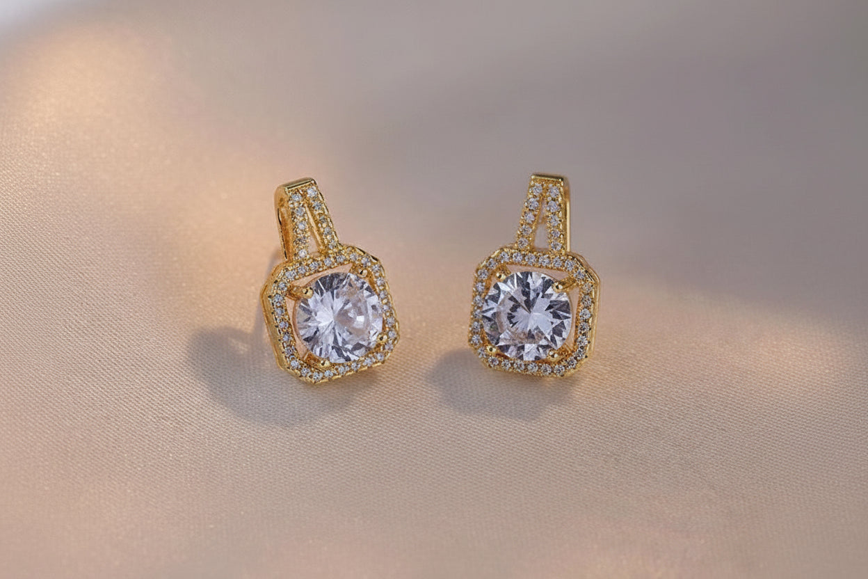 Fashion Jewelry Set Zircon Gem Pendant Chain Choker Necklace For Women Gold Color Stud Earring Statement Wedding Ring