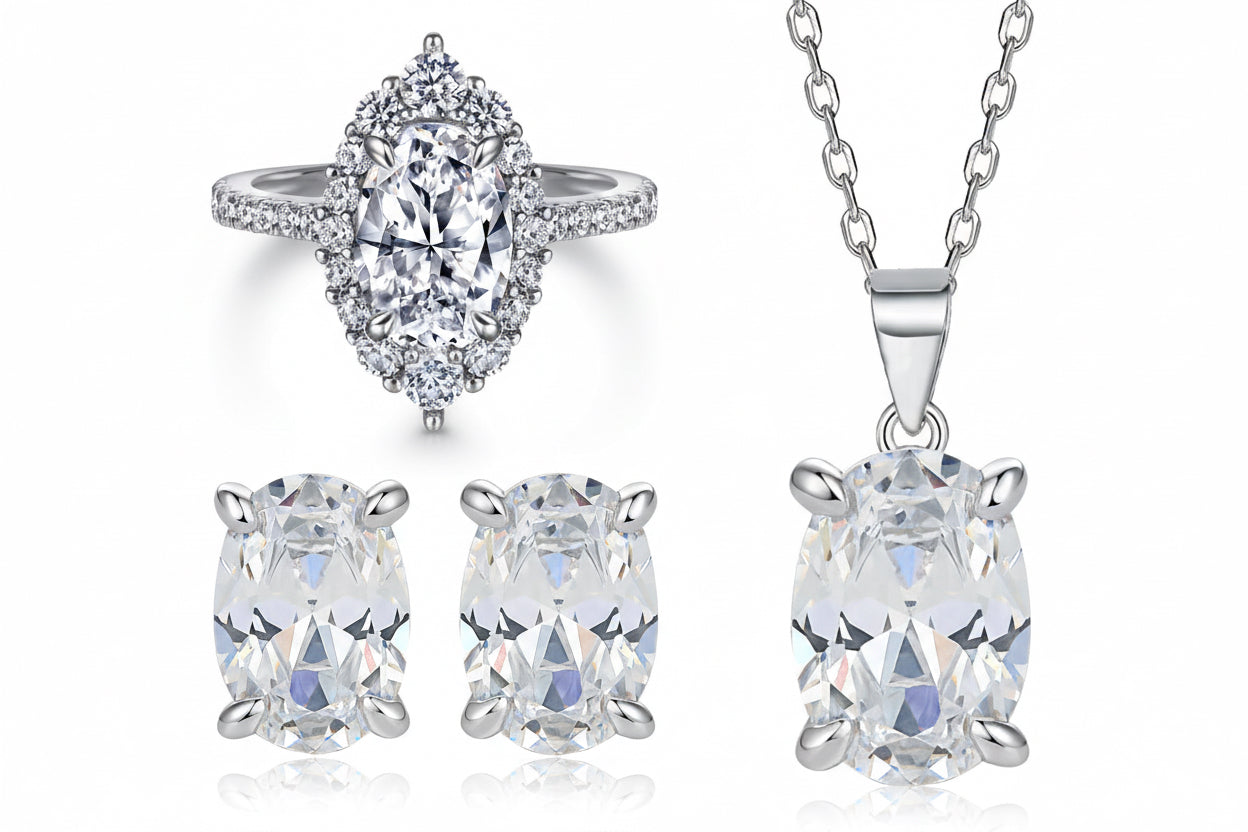 “Elegant Oval Gem Pendant Necklace and Stud Earrings Set for Women”